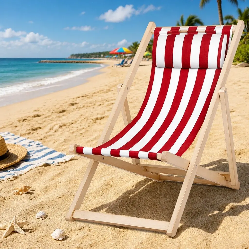 Wooden Beach Deck Chair Red White Adjustable Backrest Portable Outdoor Lounger