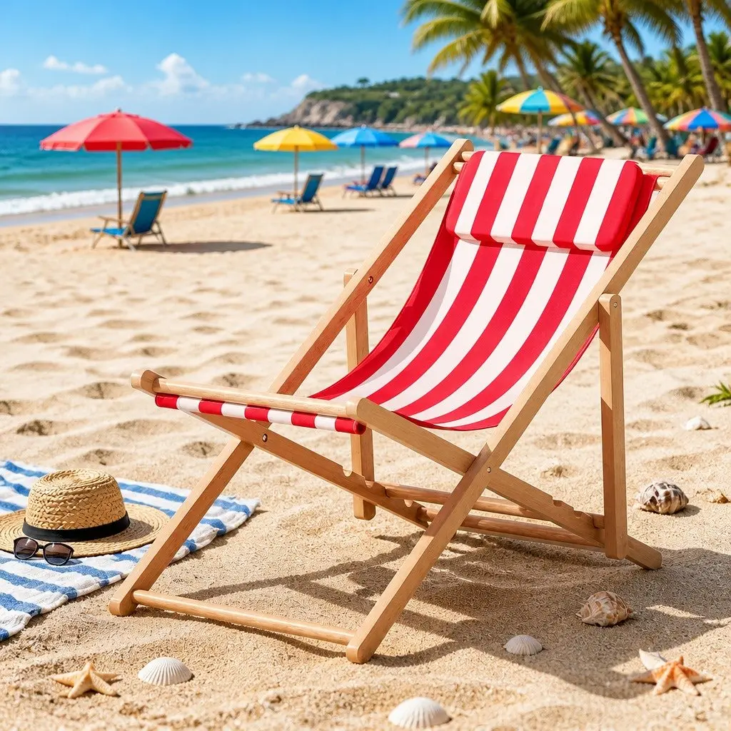 Wooden Beach Deck Chair Red White Adjustable Backrest Portable Outdoor Lounger