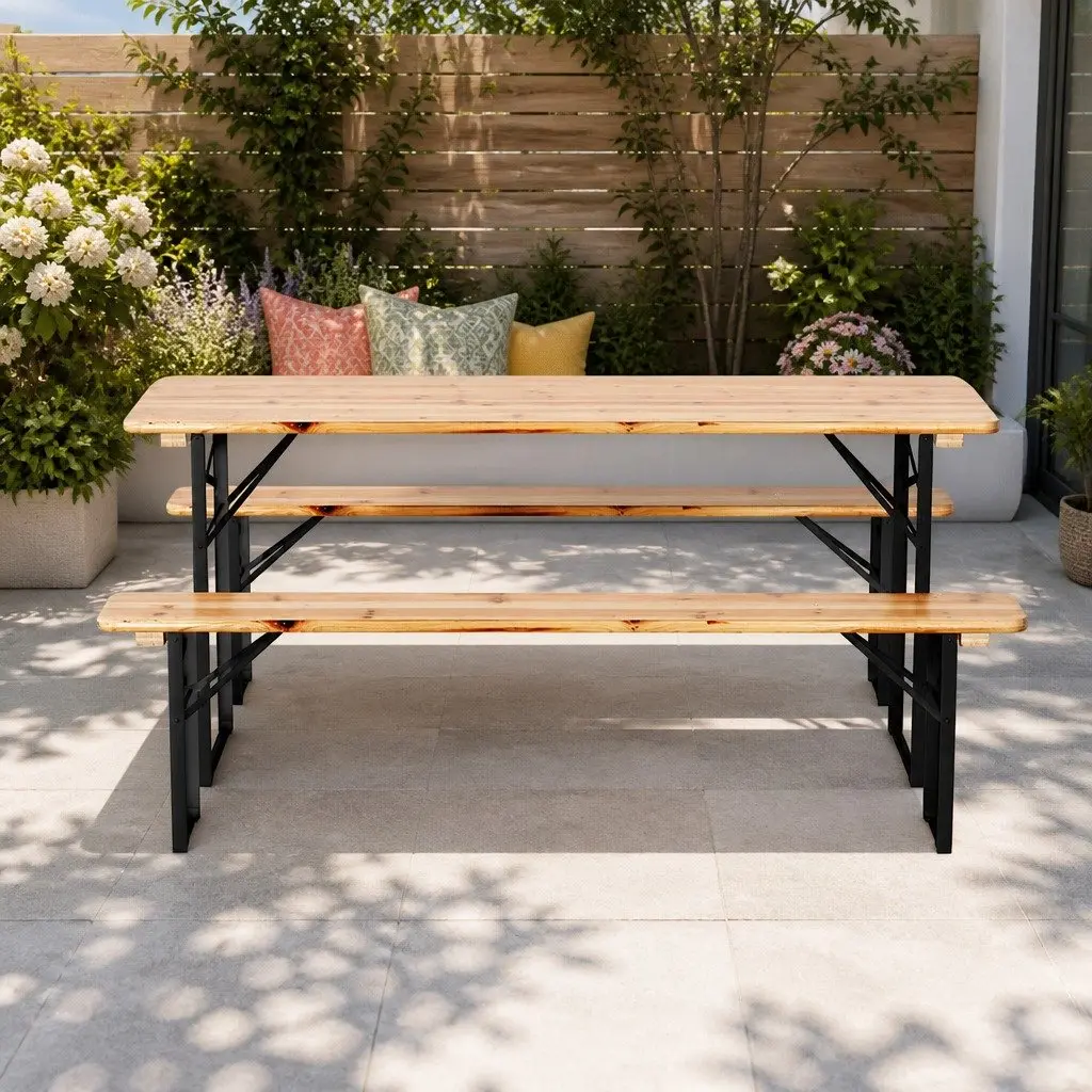 3 Piece Outdoor Dining Set Wooden Bench Table Patio Lounge Foldable Garden