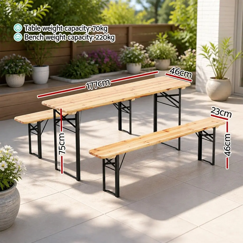 3 Piece Outdoor Dining Set Wooden Bench Table Patio Lounge Foldable Garden