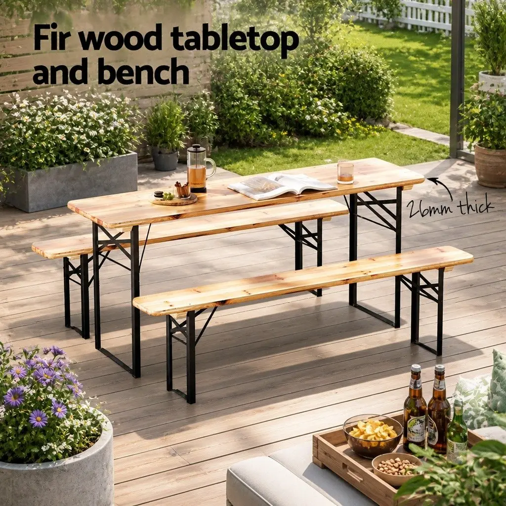 3 Piece Outdoor Dining Set Wooden Bench Table Patio Lounge Foldable Garden