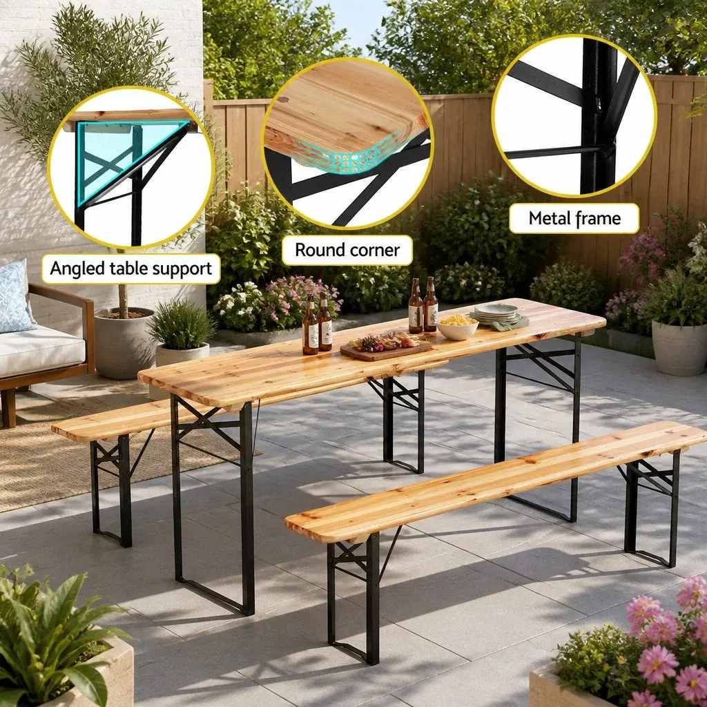 3 Piece Outdoor Dining Set Wooden Bench Table Patio Lounge Foldable Garden