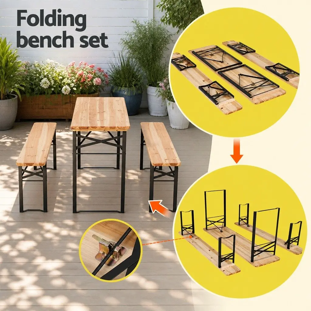 3 Piece Outdoor Dining Set Wooden Bench Table Patio Lounge Foldable Garden