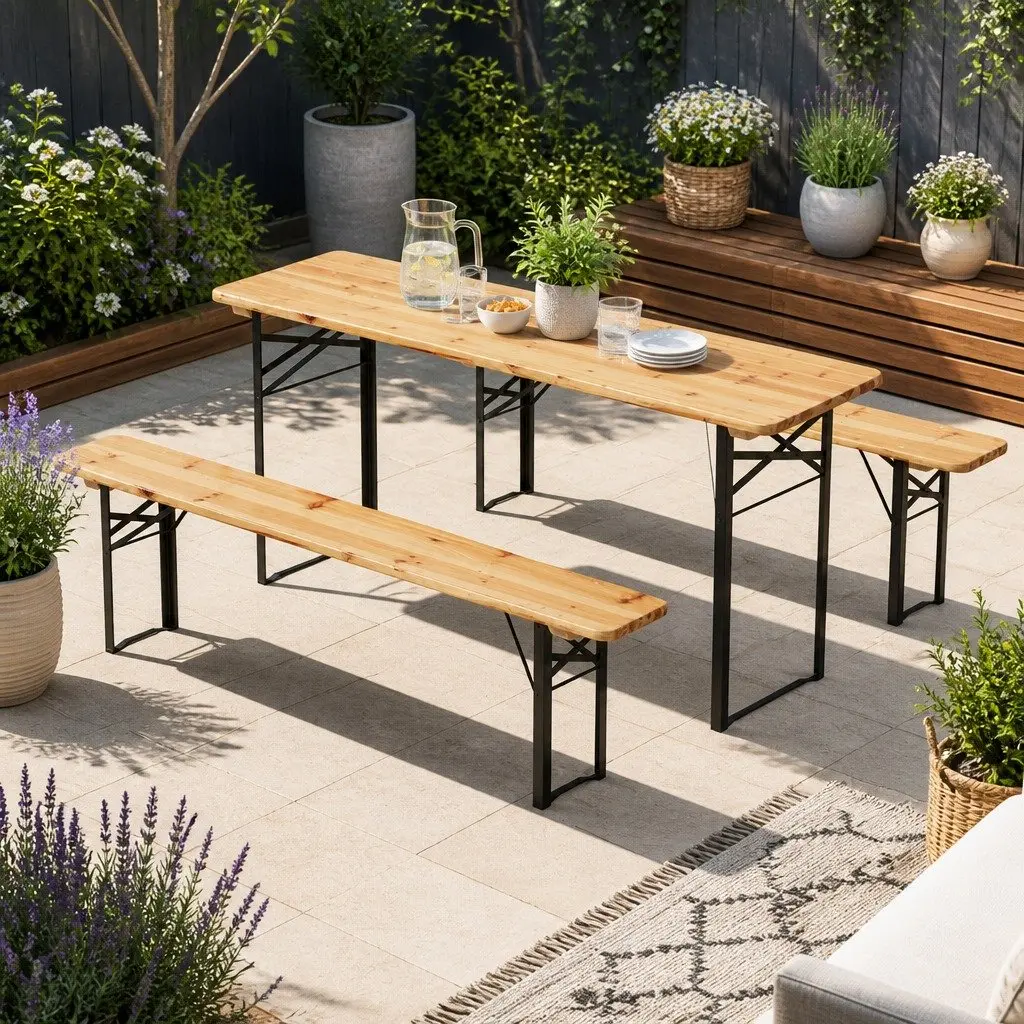 3 Piece Outdoor Dining Set Wooden Bench Table Patio Lounge Foldable Garden