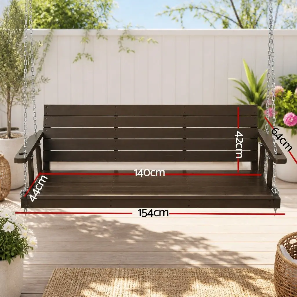 3 Seater Swing Chair Brown Solid Fir Wood Outdoor Garden Furniture Heavy-Duty Metal Chains