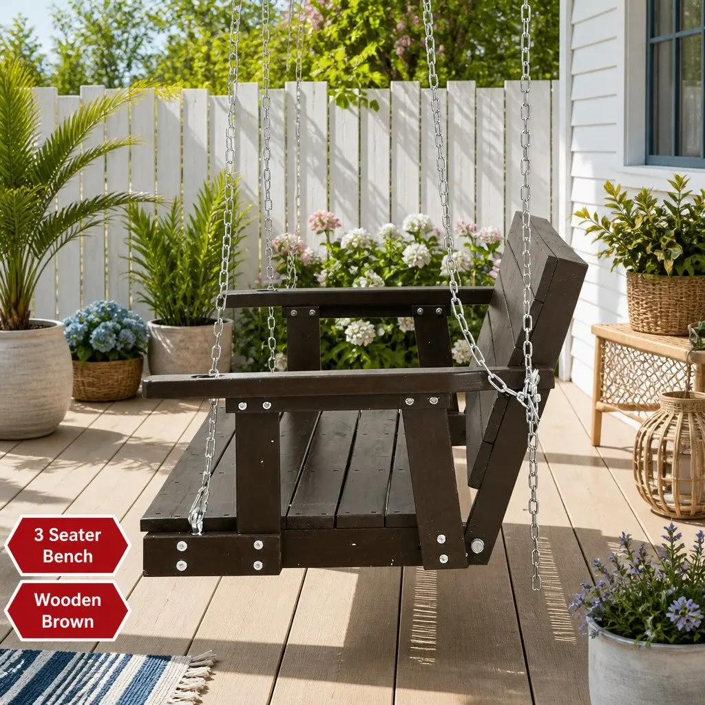 3 Seater Swing Chair Brown Solid Fir Wood Outdoor Garden Furniture Heavy-Duty Metal Chains