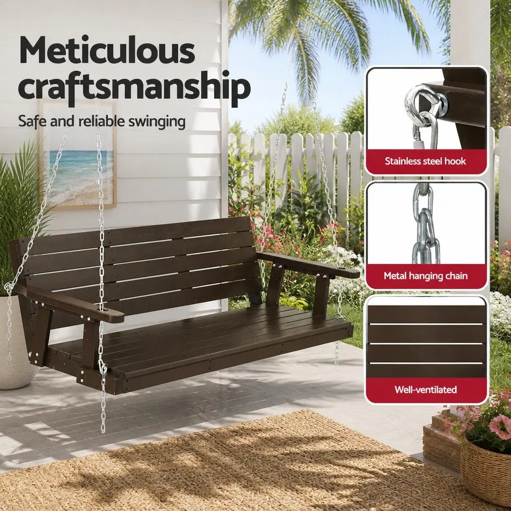 3 Seater Swing Chair Brown Solid Fir Wood Outdoor Garden Furniture Heavy-Duty Metal Chains