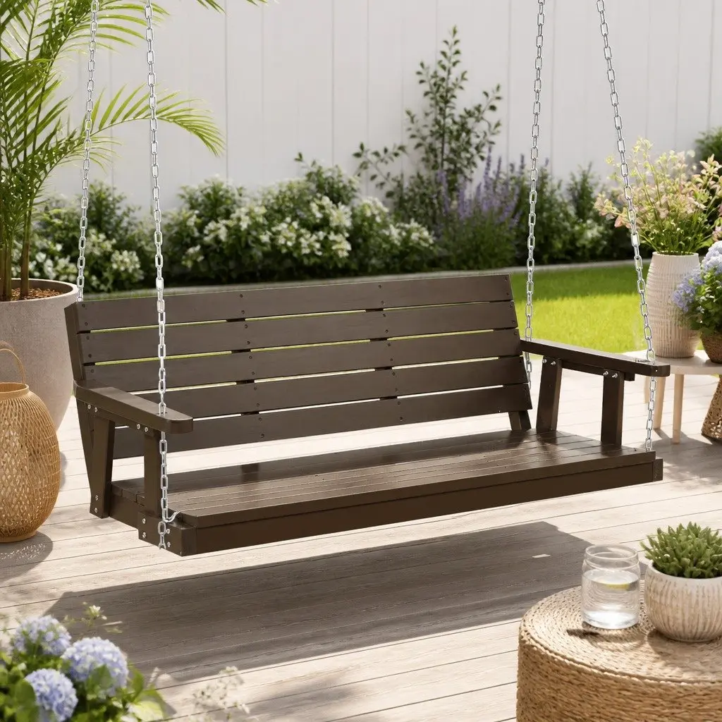 3 Seater Swing Chair Brown Solid Fir Wood Outdoor Garden Furniture Heavy-Duty Metal Chains