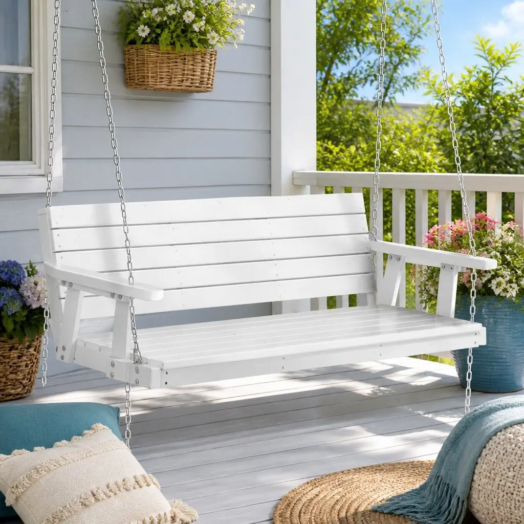 3 Seater Porch Swing Chair White Outdoor Hanging Bench Garden Furniture