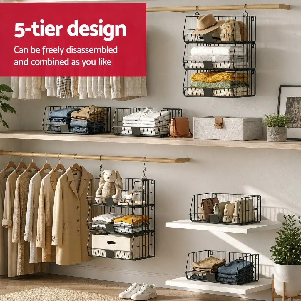 5 Tier Stackable Closet Organizer Hanging Storage Shelves Wardrobe Clothes