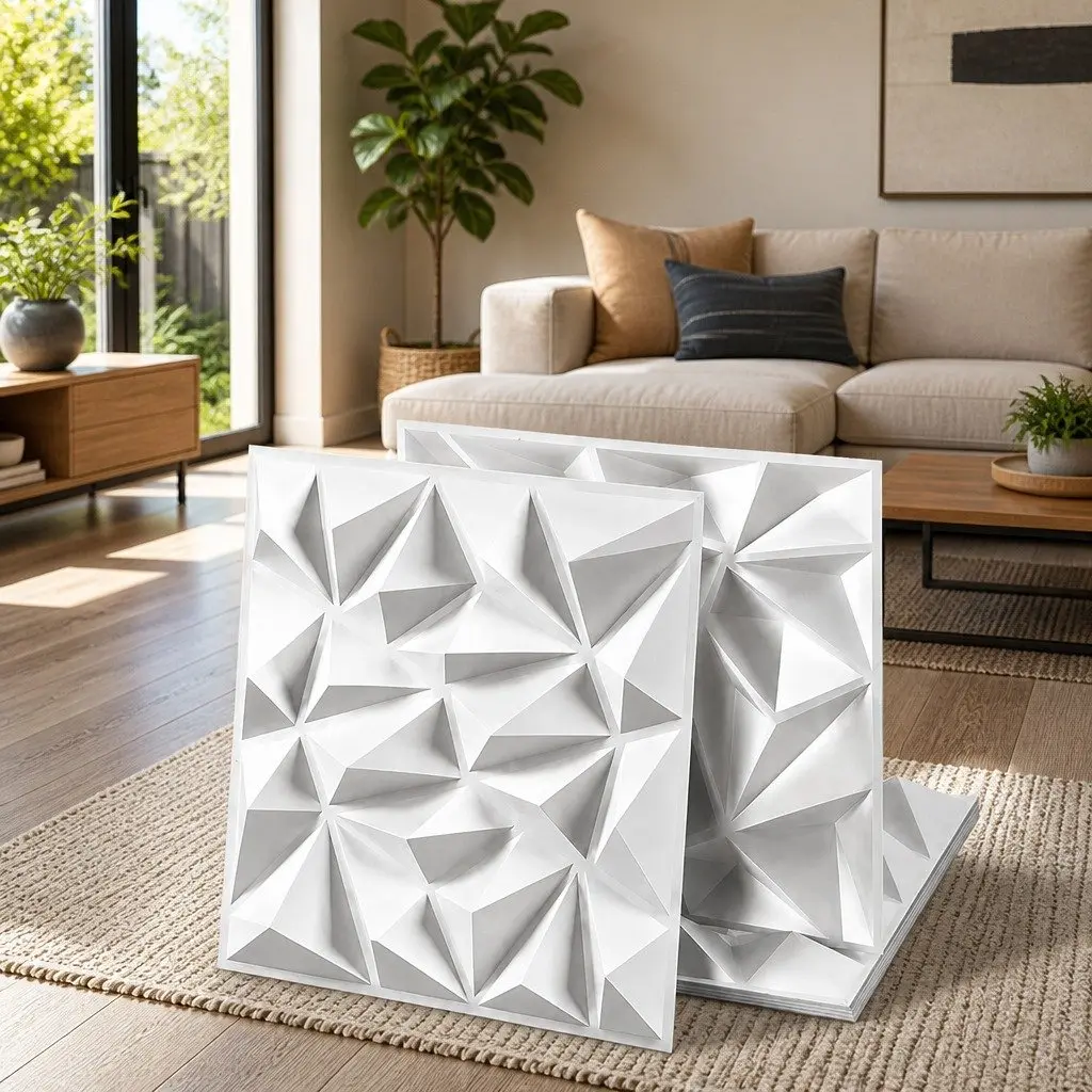 3D Wall Panels White 50x50cm Diamond Pattern Decorative PVC Set 15