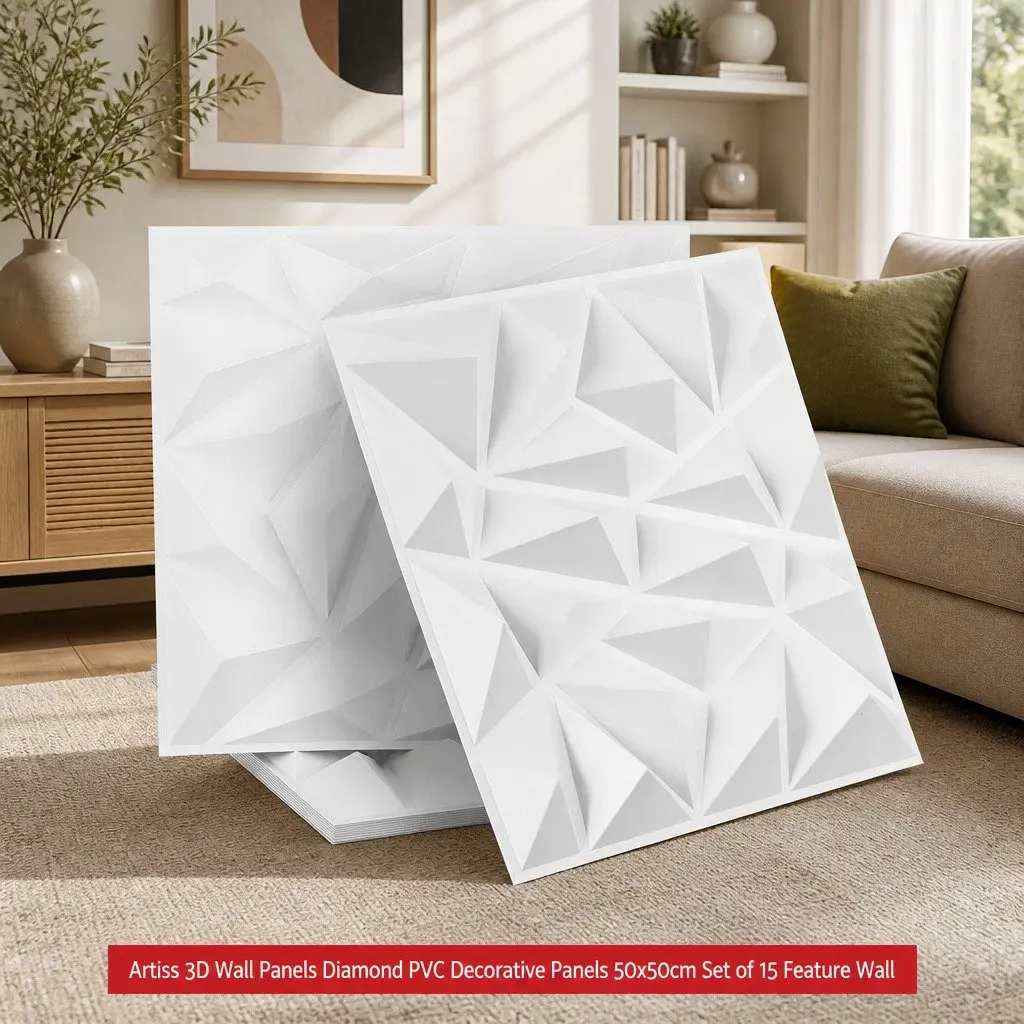 3D Wall Panels White 50x50cm Diamond Pattern Decorative PVC Set 15