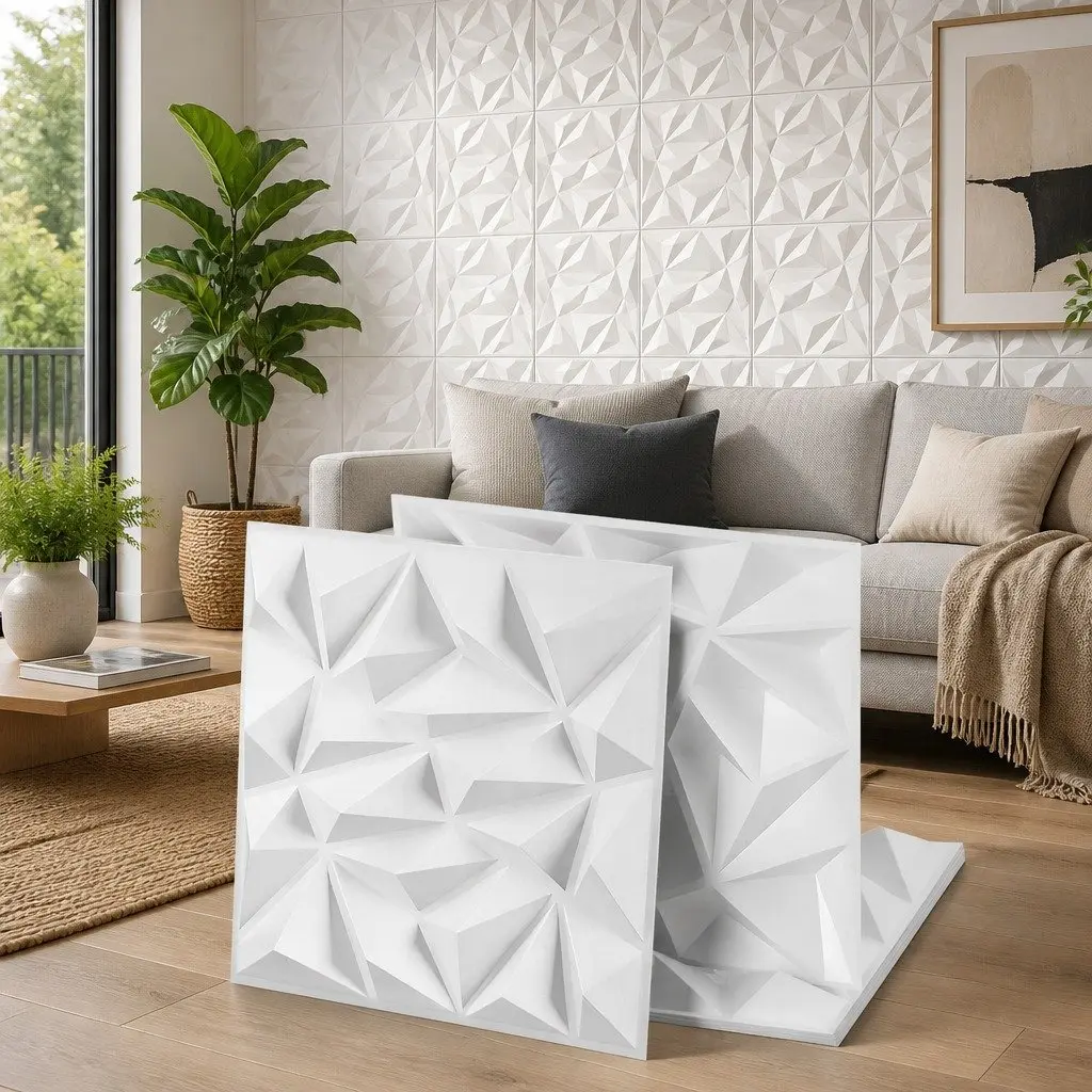 3D Wall Panels White 50x50cm Diamond Pattern Decorative PVC Set 15