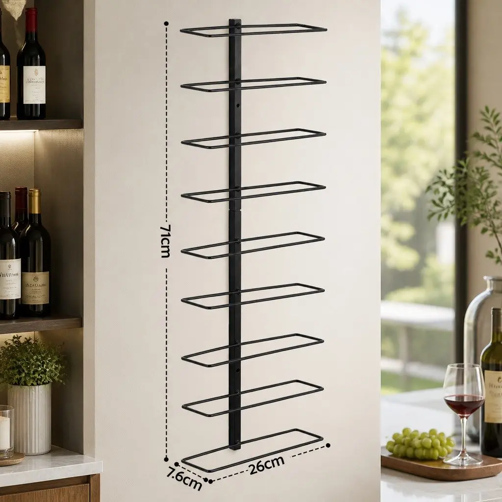 Wall Mounted Wine Rack Black Metal 9 Bottle Vertical Storage Organizer