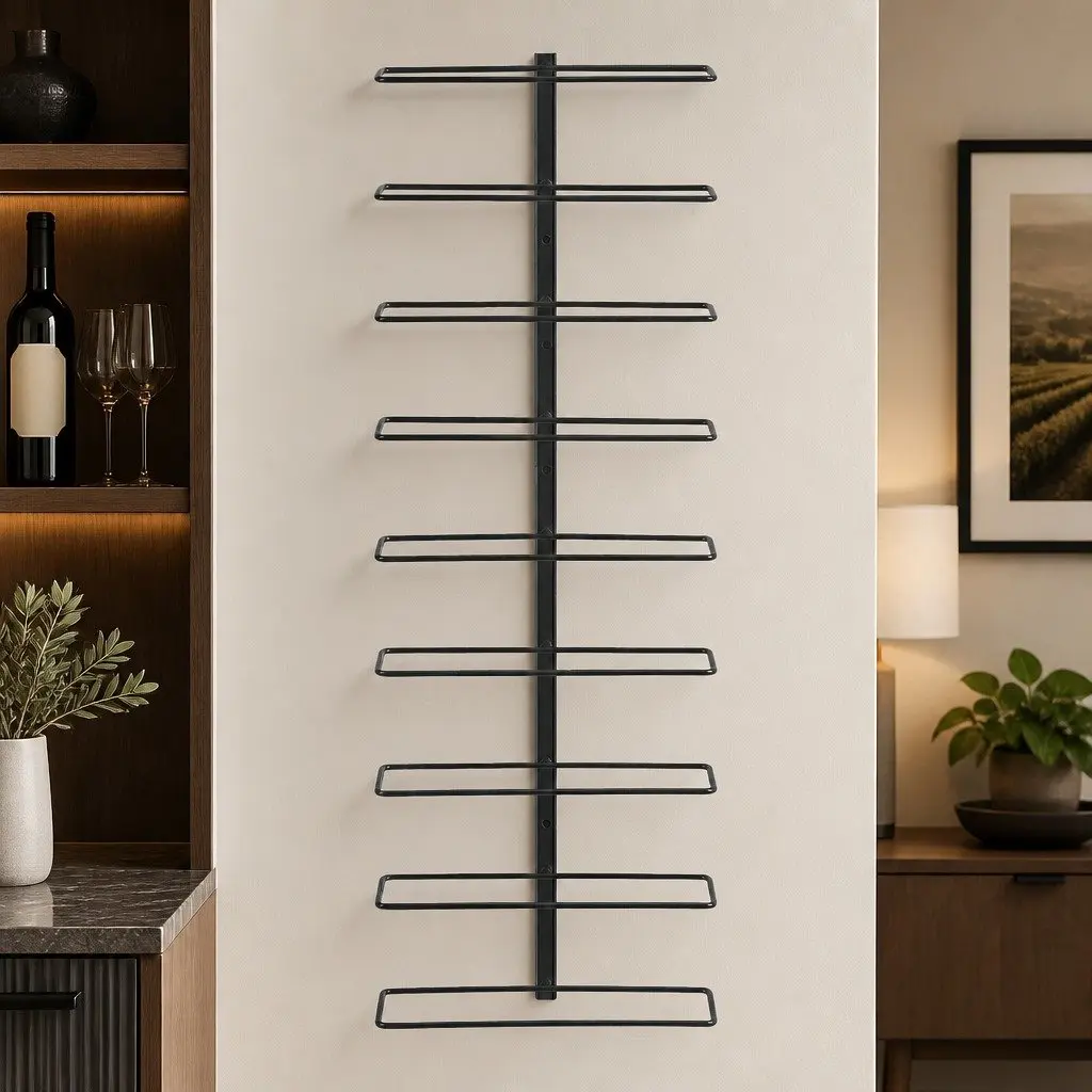 Wall Mounted Wine Rack Black Metal 9 Bottle Vertical Storage Organizer