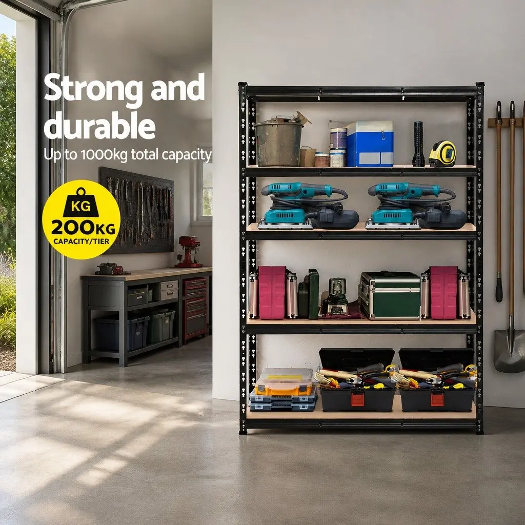 Heavy-Duty Garage Storage Shelving Rack Matt Black 2.4M Adjustable Beams 4 Shelves