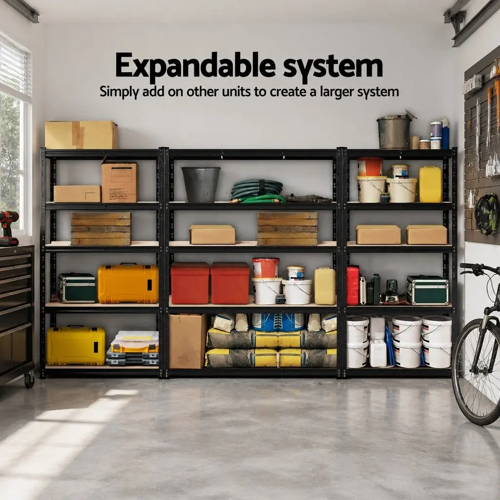 Heavy-Duty Garage Storage Shelving Rack Matt Black 2.4M Adjustable Beams 4 Shelves