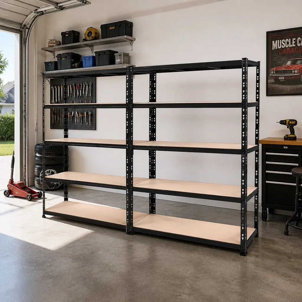 Heavy-Duty Garage Storage Shelving Rack Matt Black 2.4M Adjustable Beams 4 Shelves