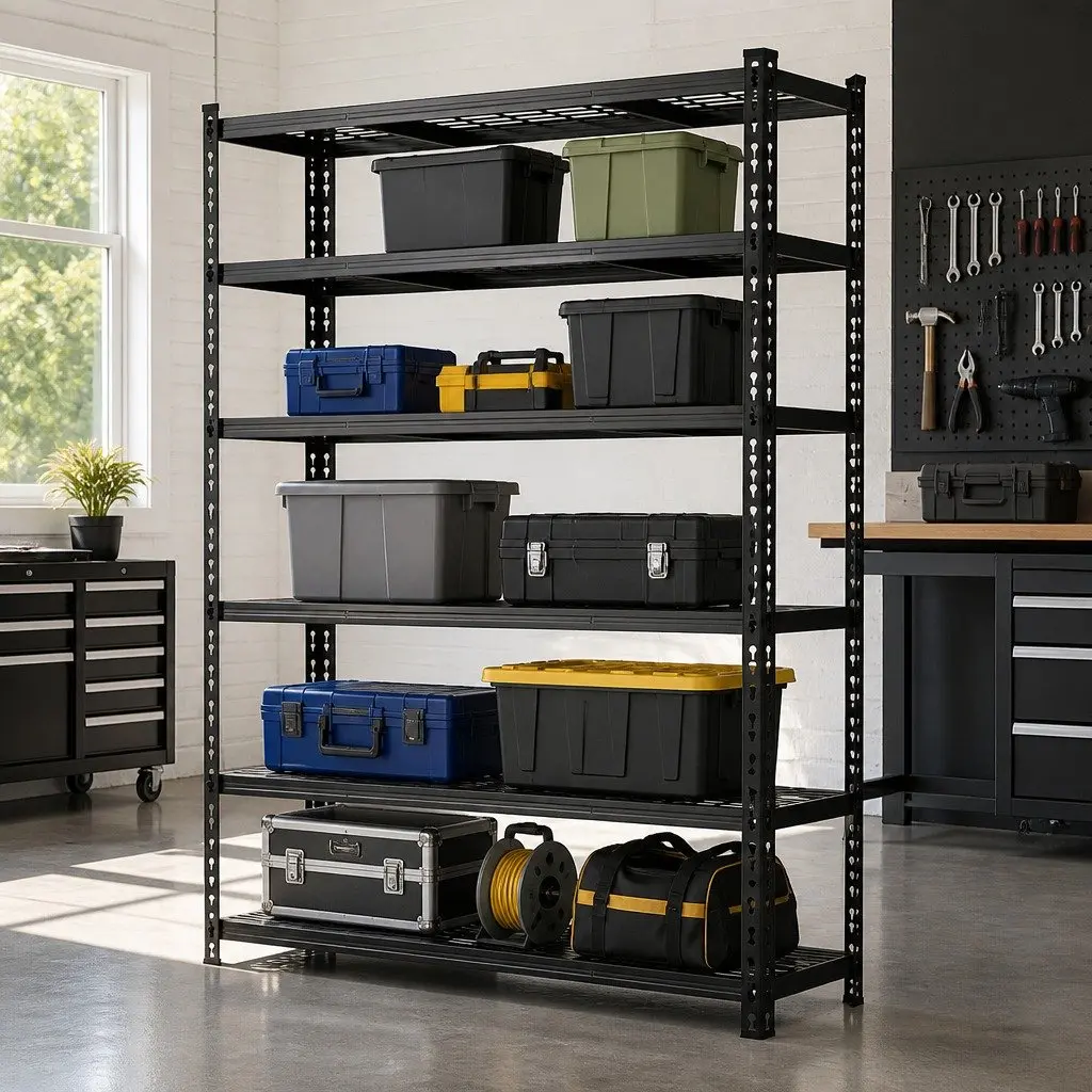 Heavy-Duty Steel Garage Shelving Black 1.8M 5-Tier Adjustable Beams Storage Rack