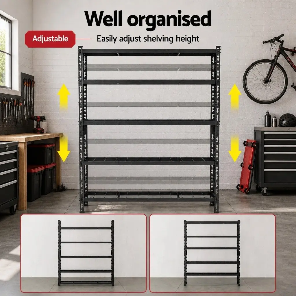 Heavy-Duty Steel Garage Shelving Black 1.8M 5-Tier Adjustable Beams Storage Rack