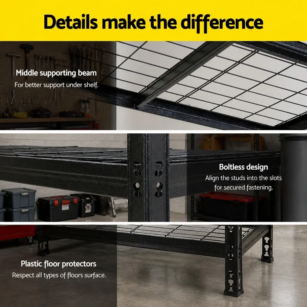 Heavy-Duty Steel Garage Shelving Black 1.8M 5-Tier Adjustable Beams Storage Rack