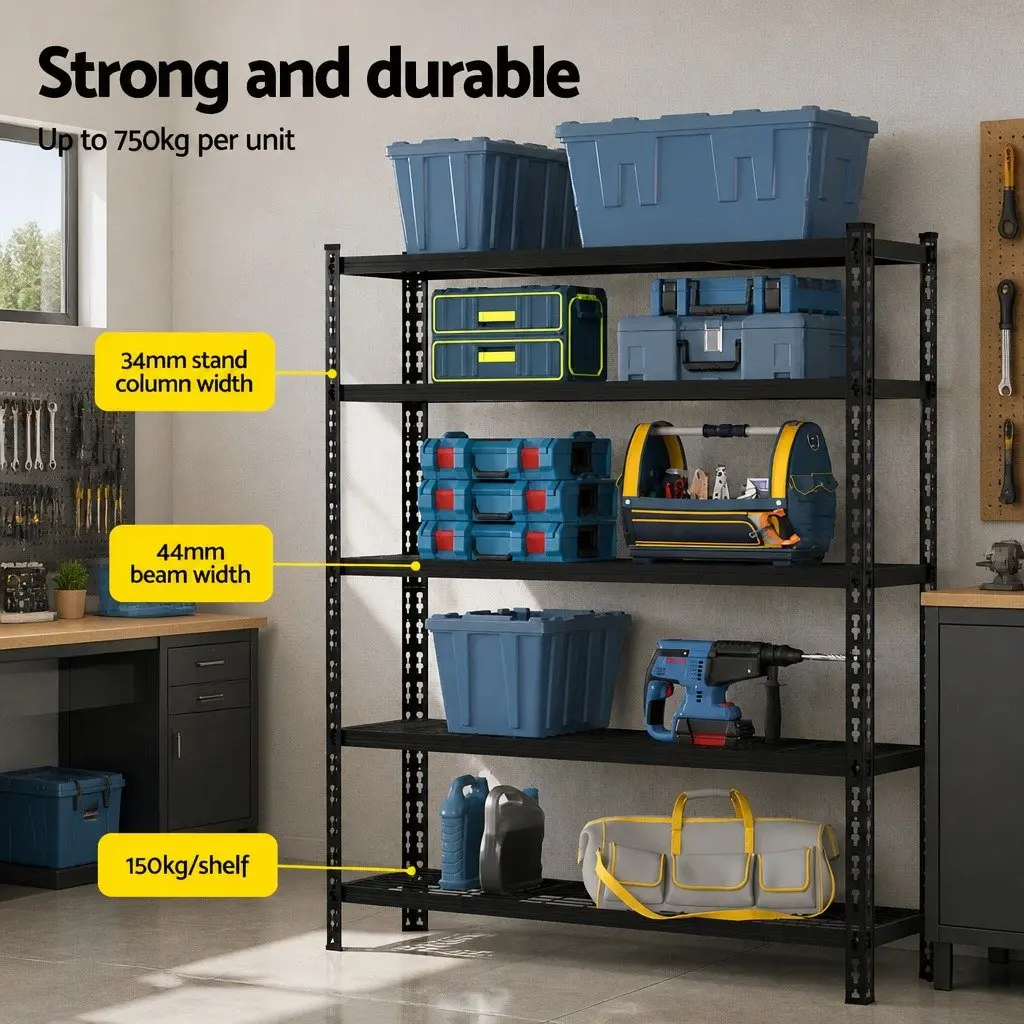 5-Tier Storage Rack Black 1.8M Heavy Duty Adjustable Beam Anti-Rust Steel