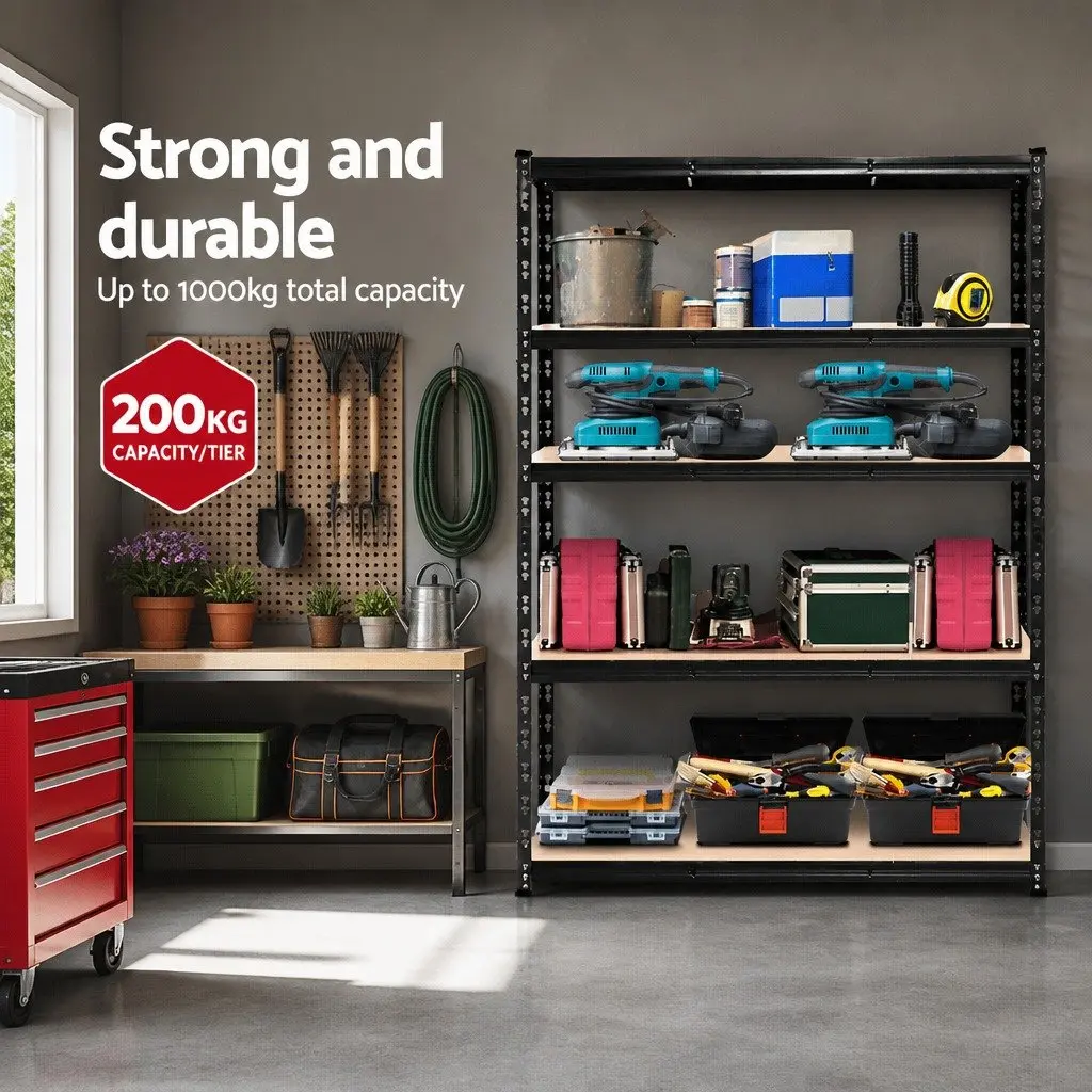 Garage Shelving Unit Black 1.8M Heavy Duty Steel Boltless Storage Rack