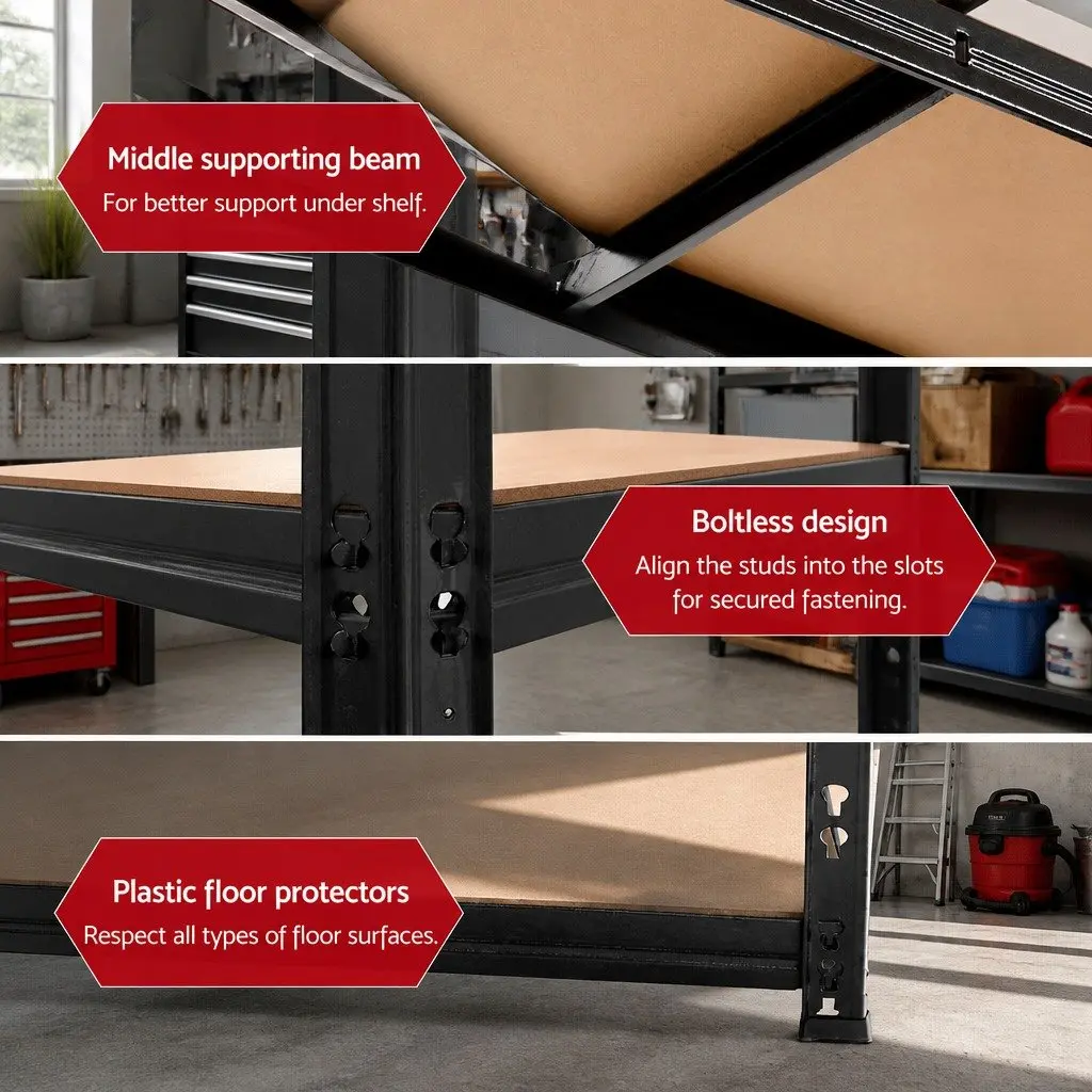 Garage Shelving Unit Black 1.8M Heavy Duty Steel Boltless Storage Rack