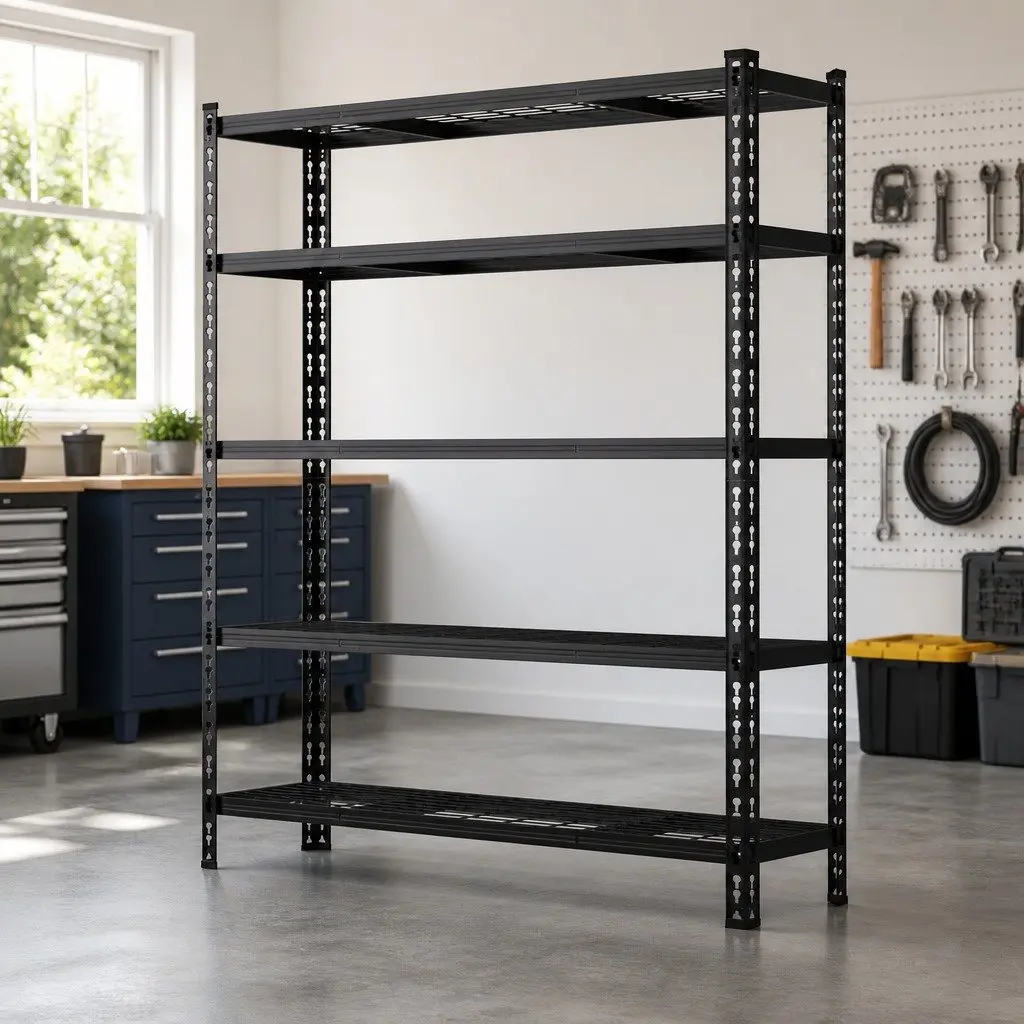 5-Tier Steel Storage Rack Black 180cm x 120cm Adjustable Beams Boltless Assembly