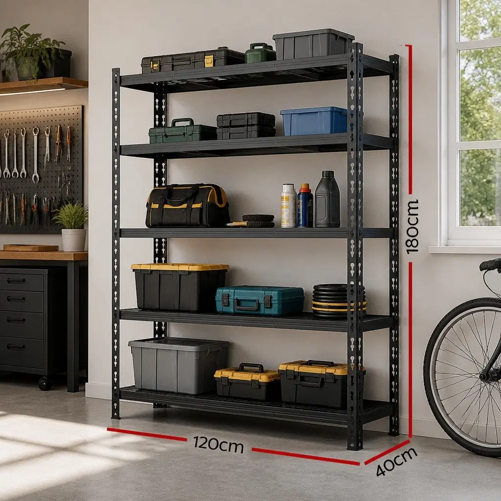5-Tier Steel Storage Rack Black 180cm x 120cm Adjustable Beams Boltless Assembly