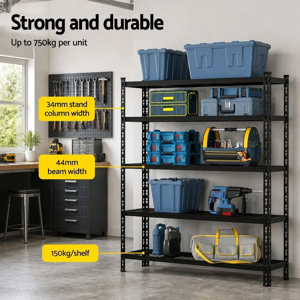 5-Tier Steel Storage Rack Black 180cm x 120cm Adjustable Beams Boltless Assembly