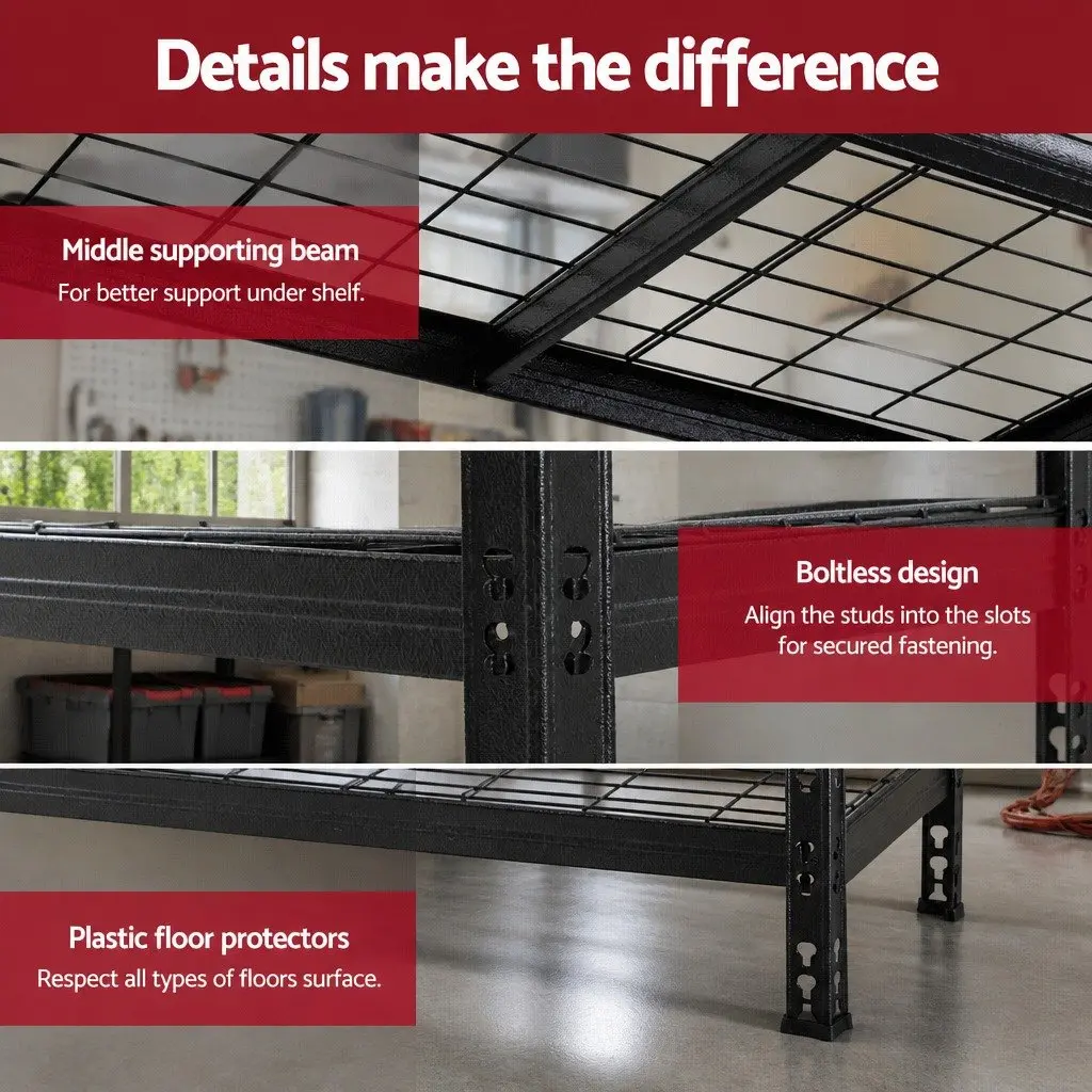 5-Tier Steel Storage Rack Black 180cm x 120cm Adjustable Beams Boltless Assembly