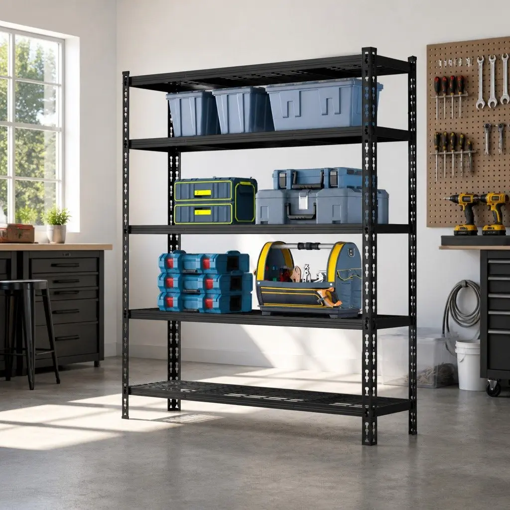 5-Tier Steel Storage Rack Black 180cm x 120cm Adjustable Beams Boltless Assembly