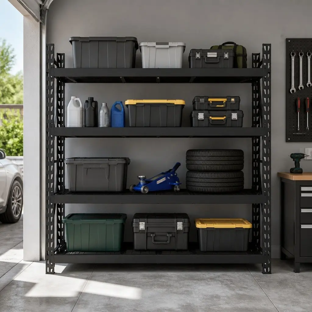 Garage Shelving Unit Black 200x60x200cm Adjustable Boltless Assembly Anti-Rust Steel Construction