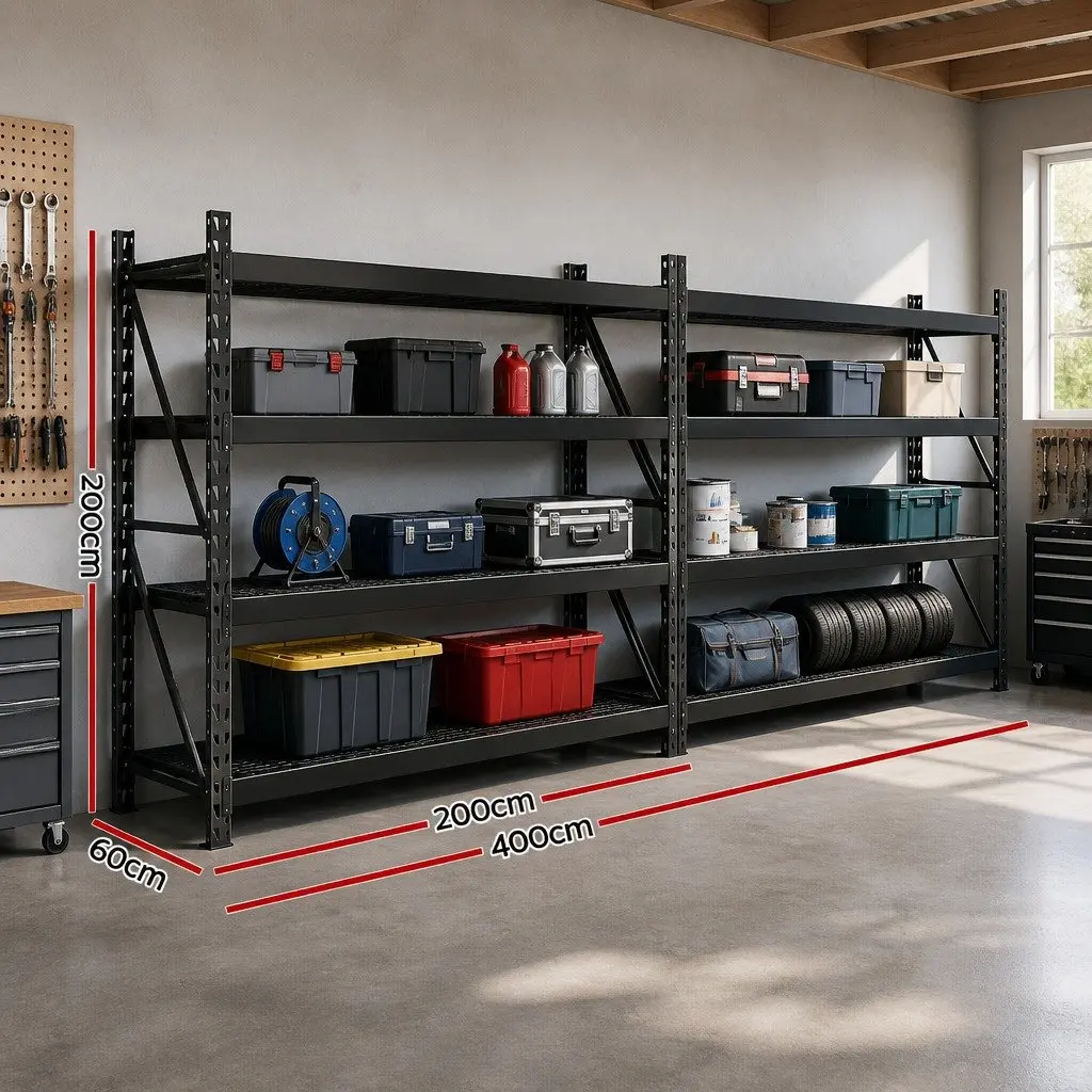Garage Shelving Unit Black 200x60x200cm Adjustable Boltless Assembly Anti-Rust Steel Construction