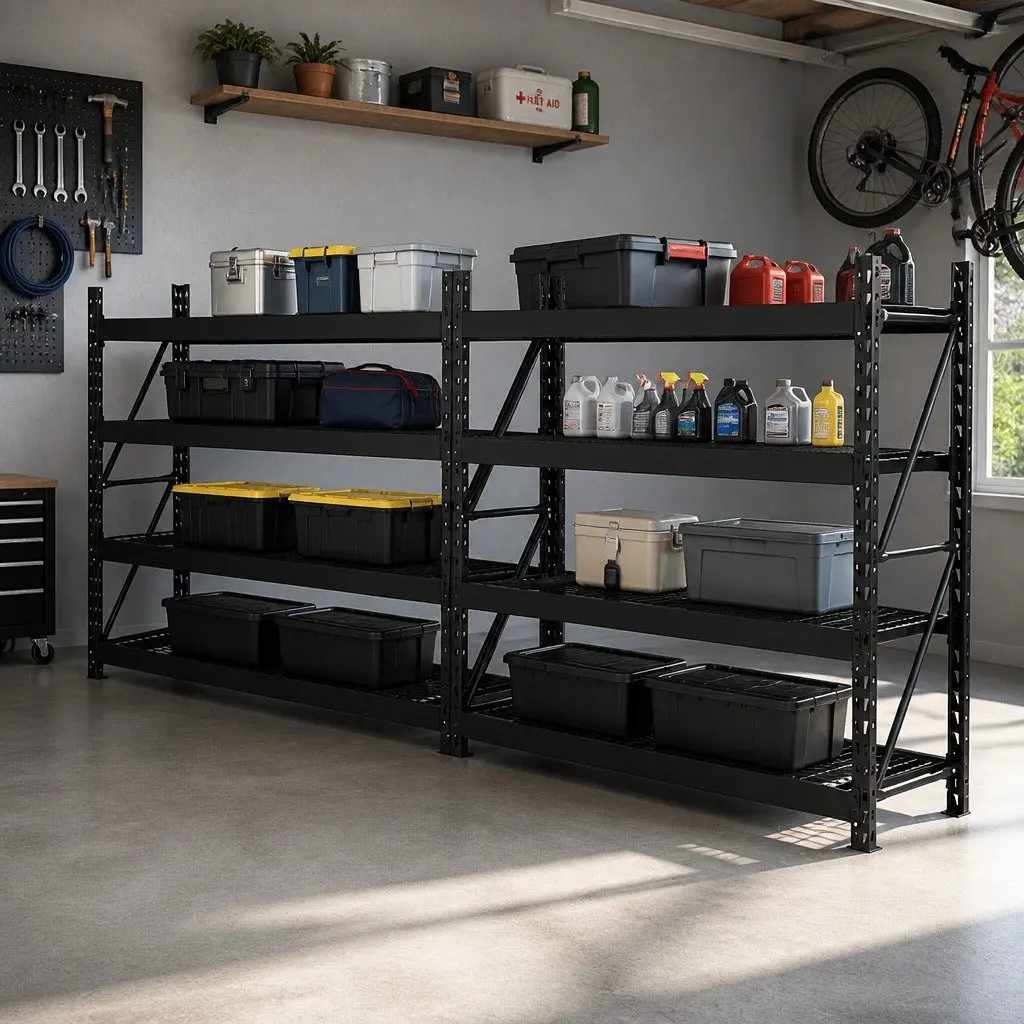 Garage Shelving Unit Black 200x60x200cm Adjustable Boltless Assembly Anti-Rust Steel Construction