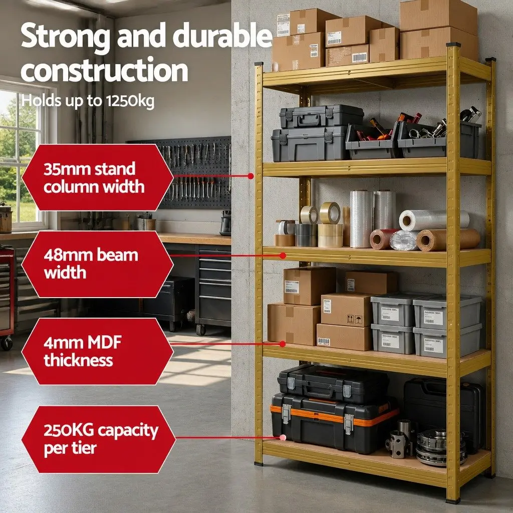 5-Tier Shelving Unit Yellow Heavy Duty Storage Rack Industrial Strength for Workshop and Warehouse