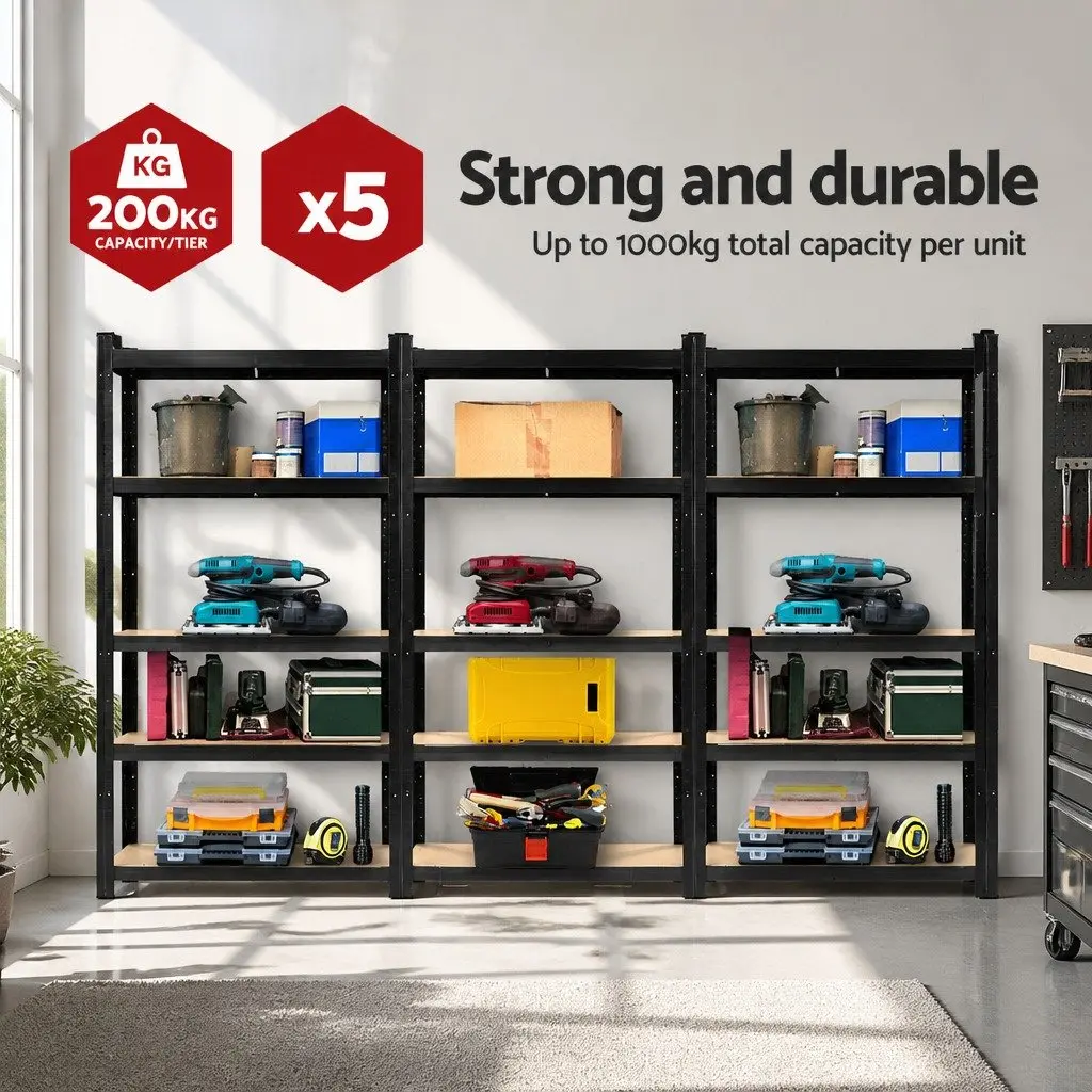 Garage Shelving Unit Black 5 Tier Adjustable Boltless Assembly Anti-Rust Steel Construction