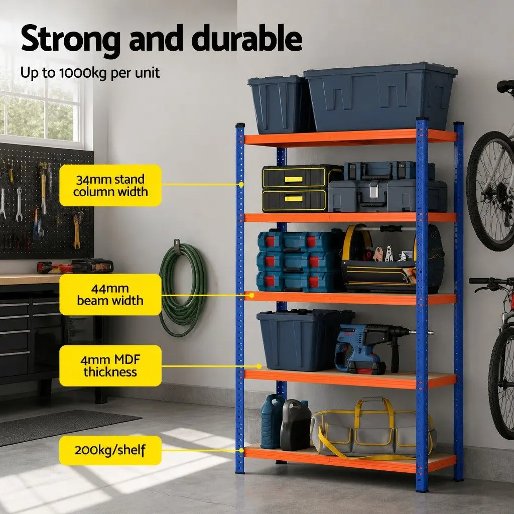 5-Tier Shelving Unit Orange 1.8M Heavy Duty Adjustable Beam Boltless Assembly