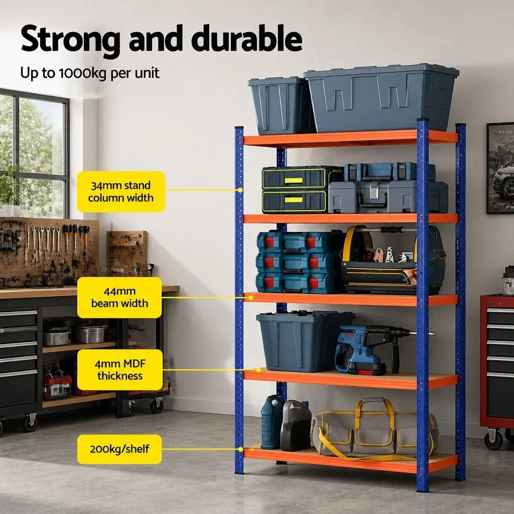 5-Tier Storage Rack Orange Heavy Duty Powder-coated Steel Adjustable Shelving Unit