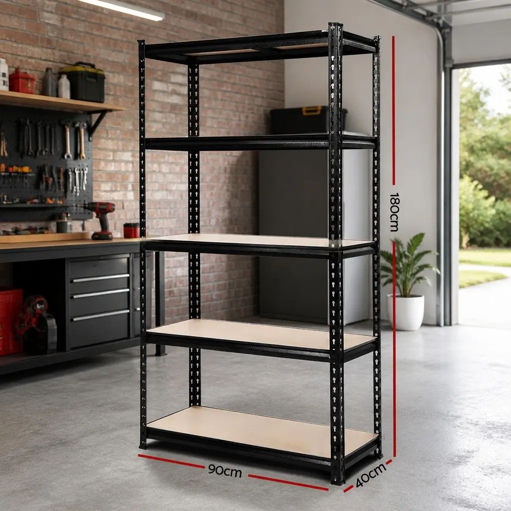 Garage Storage Shelving Rack Black 1.8M Heavy Duty Adjustable 5 Tier Steel Frame