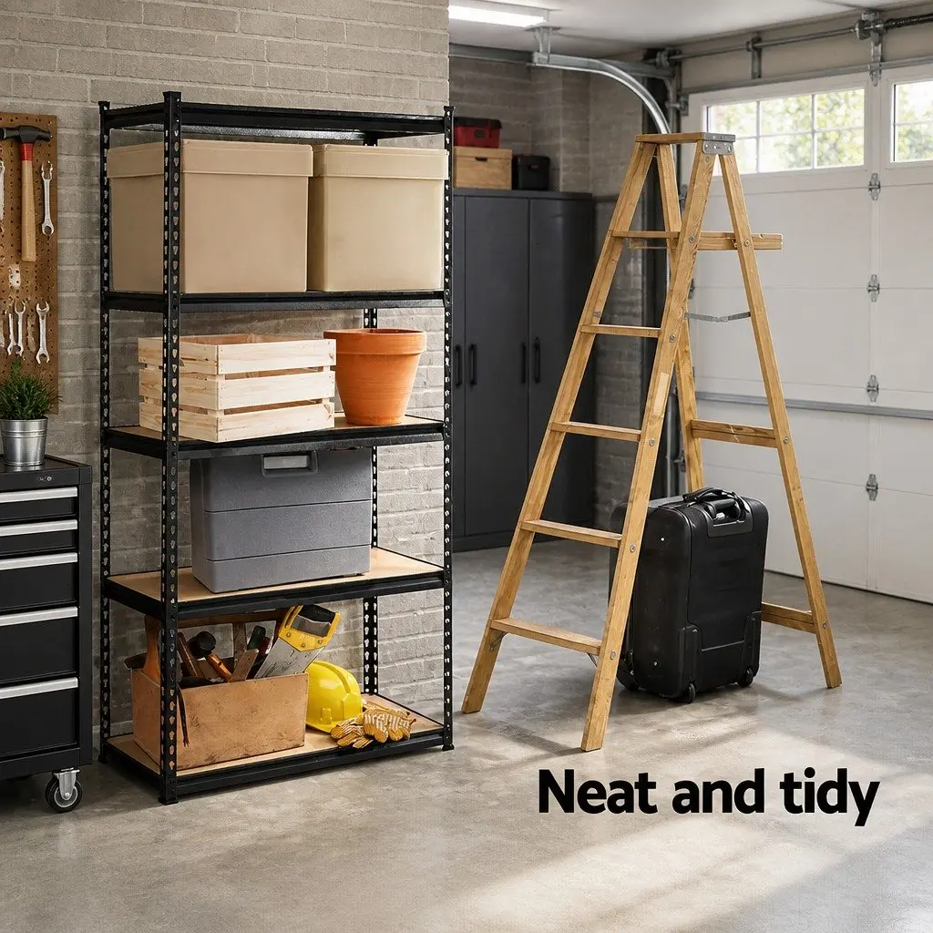 Garage Storage Shelving Rack Black 1.8M Heavy Duty Adjustable 5 Tier Steel Frame
