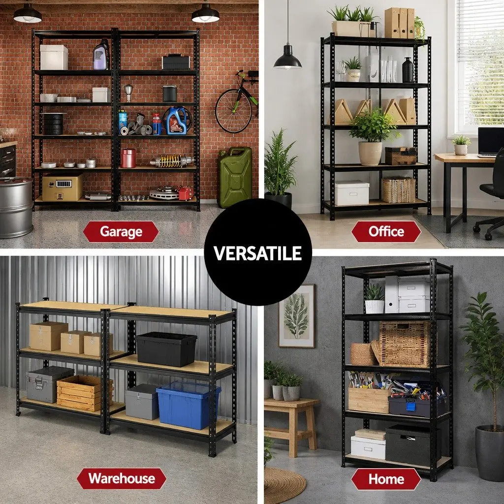 Garage Storage Shelving Rack Black 1.8M Heavy Duty Adjustable 5 Tier Steel Frame