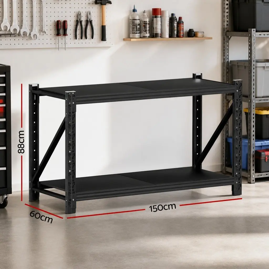 Garage Shelving Rack Black 2 Tier Heavy Duty Storage Shelf Unit for Workbench and Warehouse