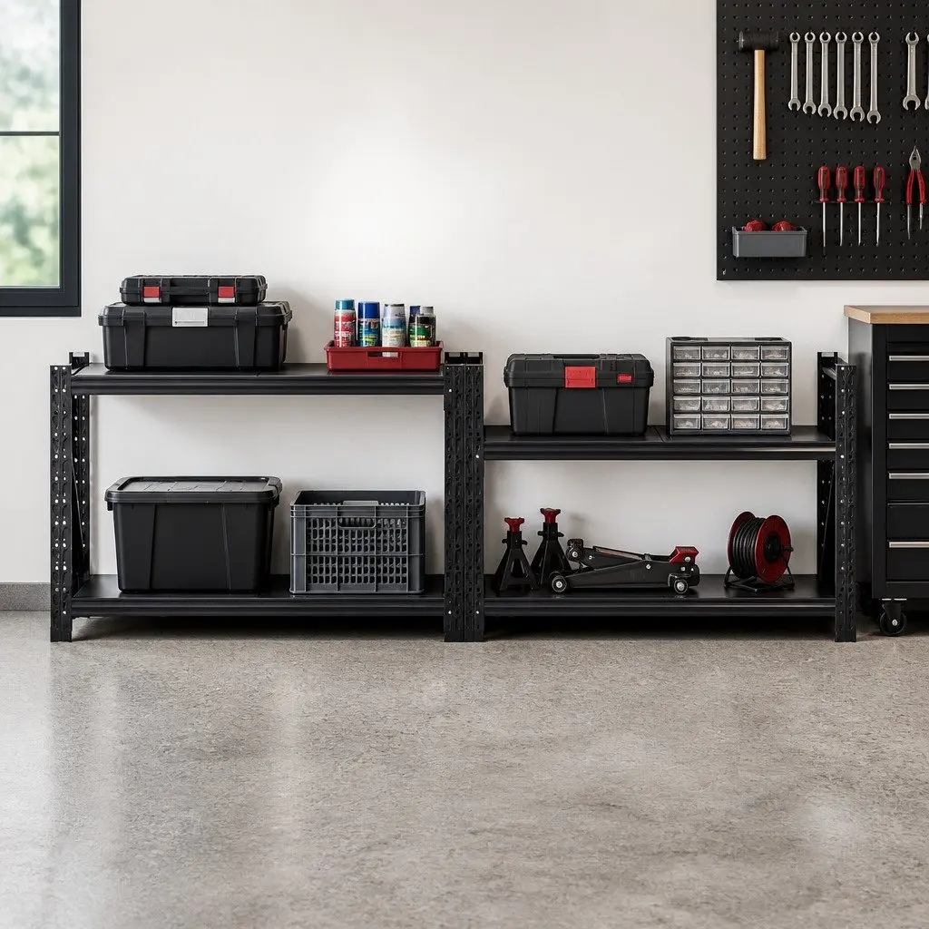 Garage Shelving Rack Black 2 Tier Heavy Duty Storage Shelf Unit for Workbench and Warehouse
