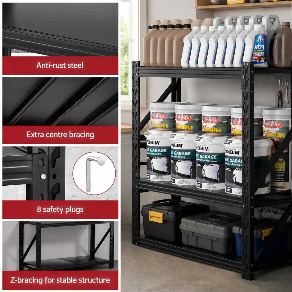 Garage Shelving Rack Black 2 Tier Heavy Duty Storage Shelf Unit for Workbench and Warehouse