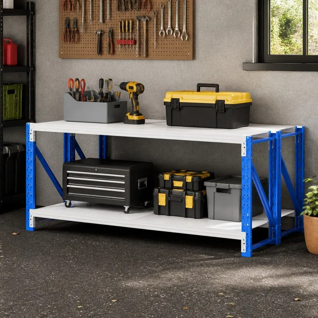 Garage Shelving Unit Blue and White 2m x 0.9m Heavy Duty Industrial Storage Rack
