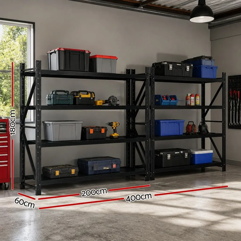 Garage Storage Rack Black 4 Tier Heavy Duty Steel Adjustable Shelf 200kg Capacity
