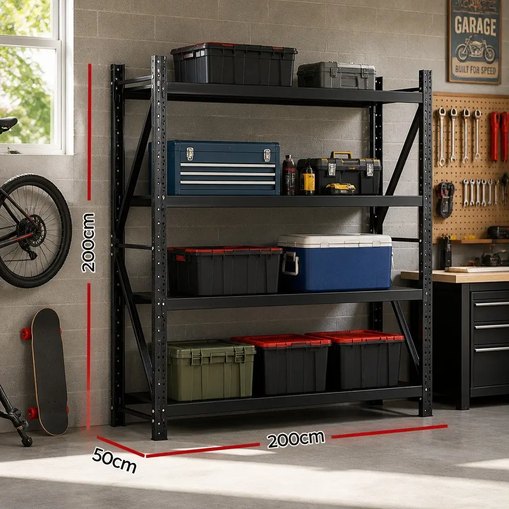 Warehouse Shelving Unit Black 2M x 2M 4 Tier Adjustable Shelves Heavy Duty Storage Rack