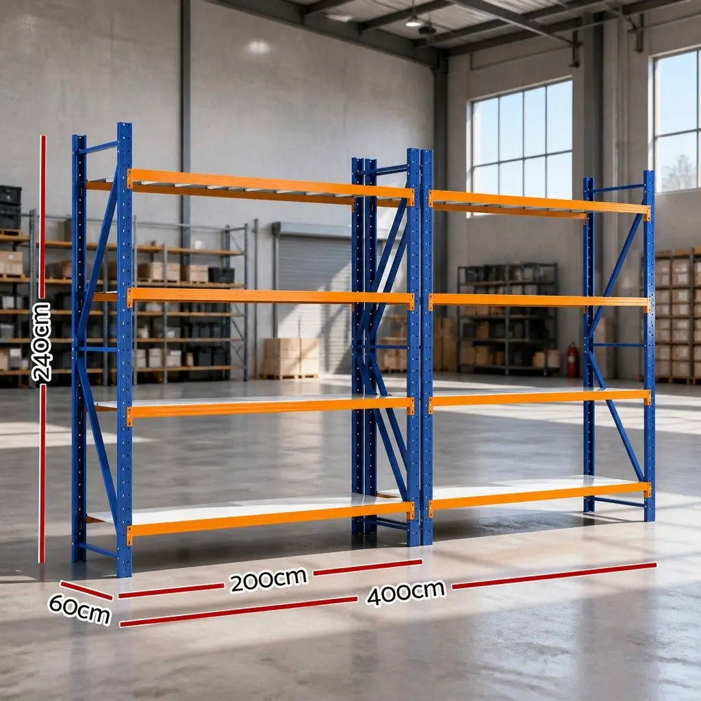 Warehouse Storage Rack Orange Blue 4M x 2.4M Adjustable Heavy Duty Steel Shelving Unit